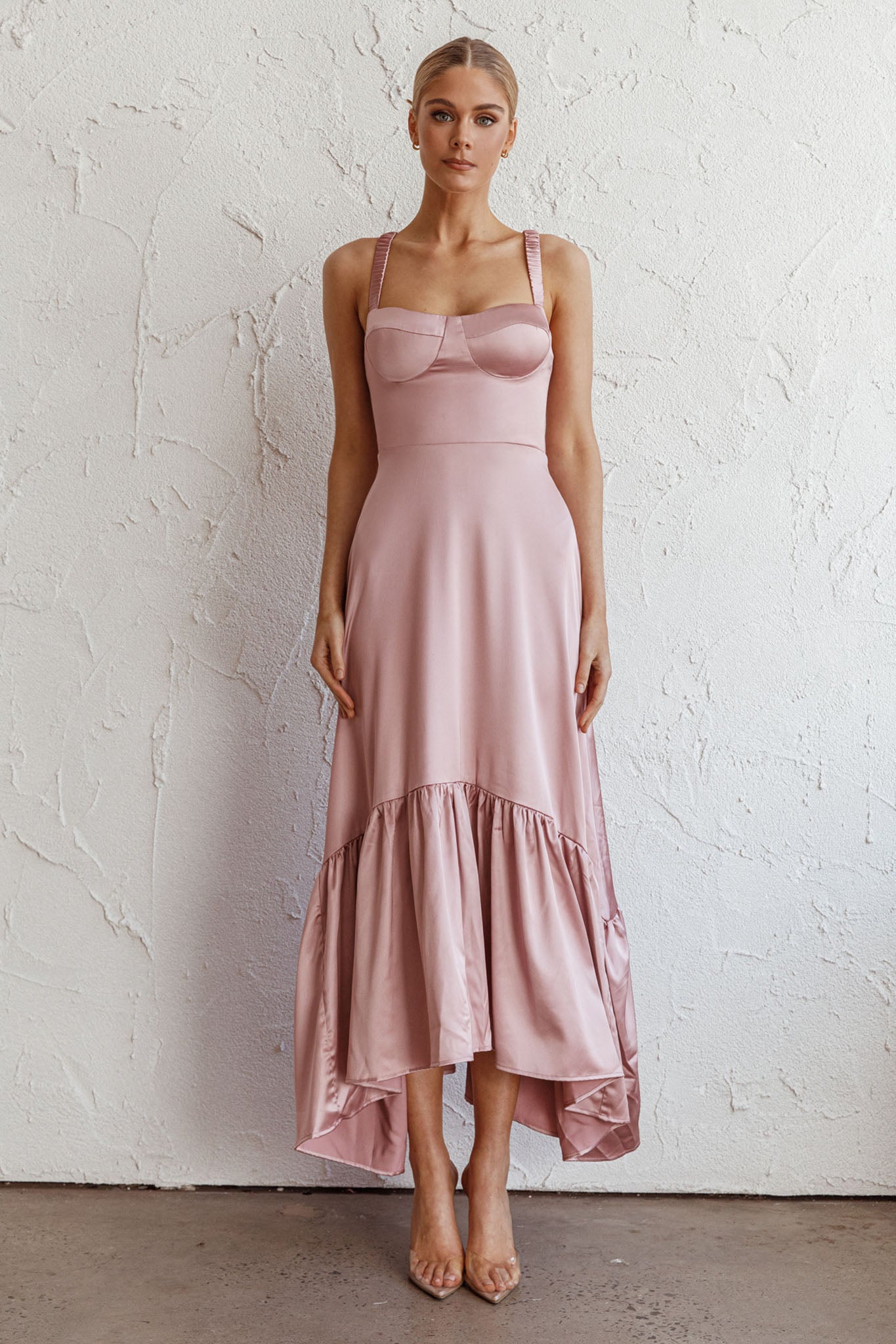 Belle De Jour Flounce Hem Midi Dress Blush by Selfie Leslie