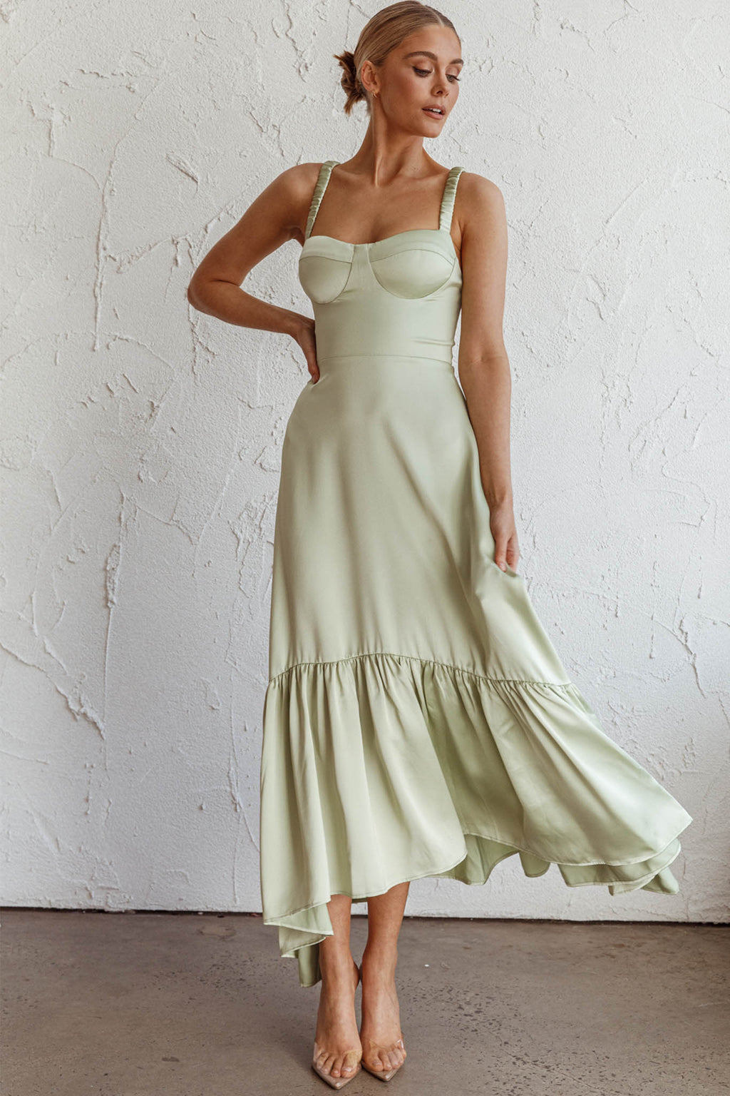 Belle De Jour Flounce Hem Midi Dress Pistachio by Selfie Leslie