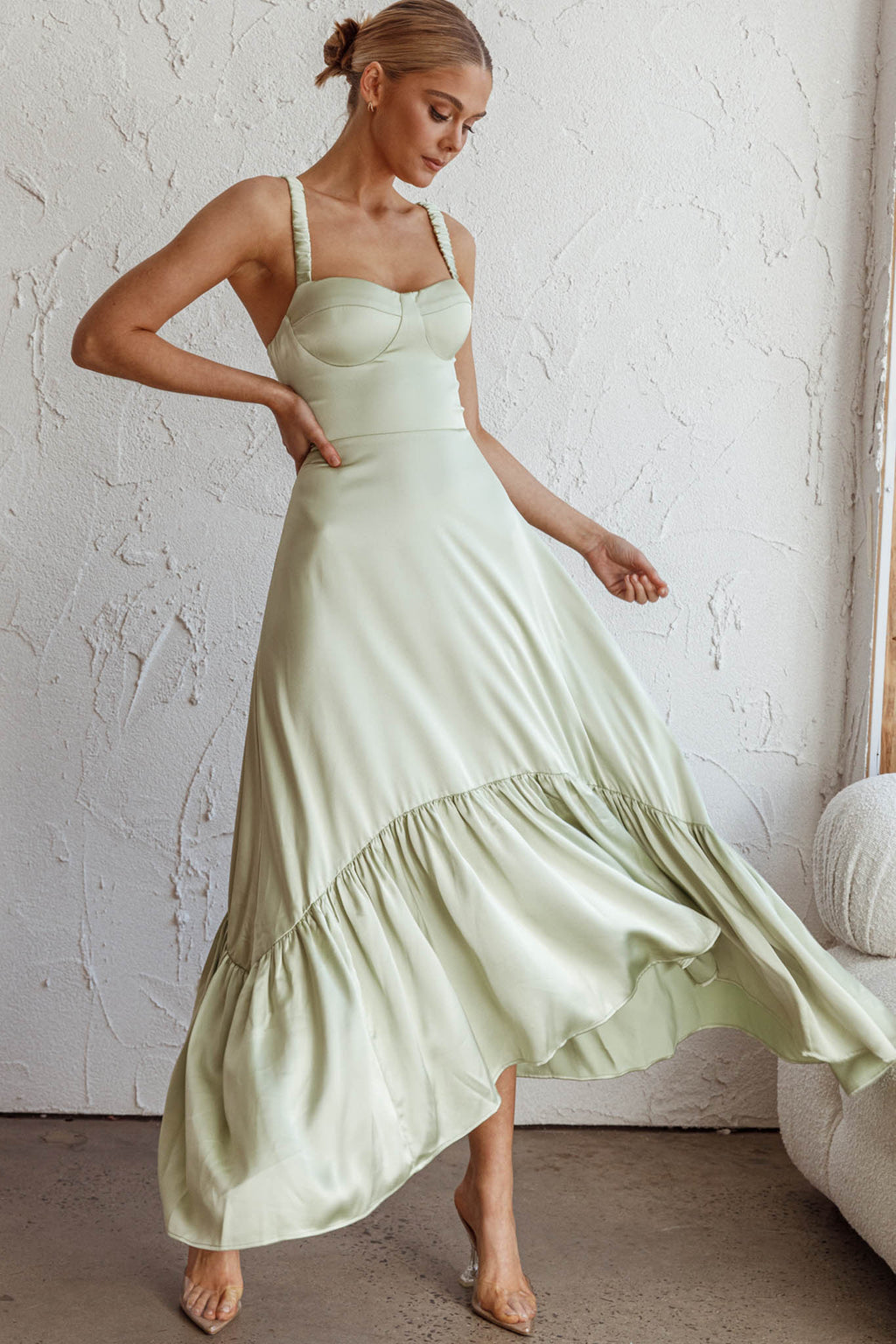 Belle De Jour Flounce Hem Midi Dress Pistachio by Selfie Leslie