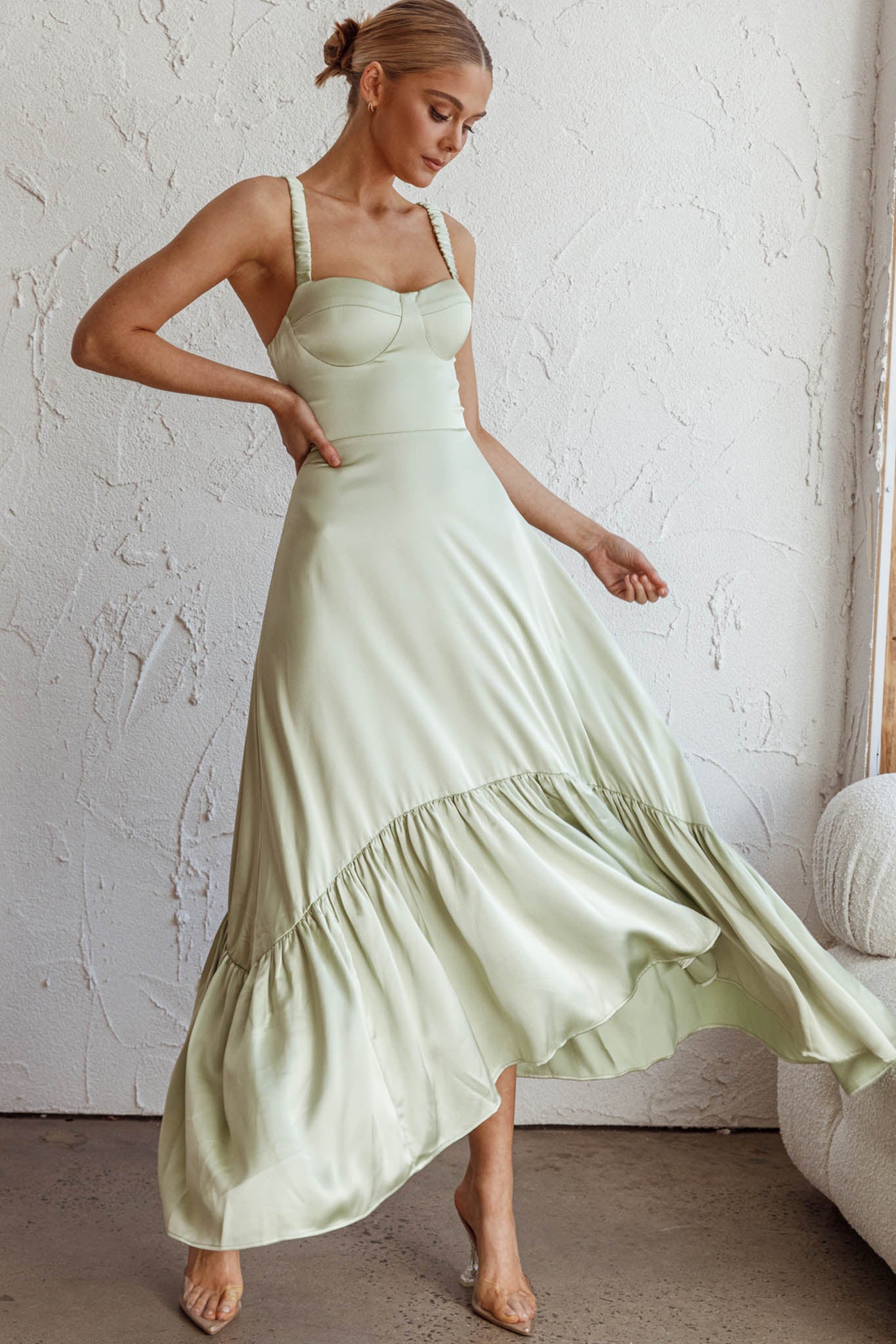Belle De Jour Flounce Hem Midi Dress Pistachio by Selfie Leslie