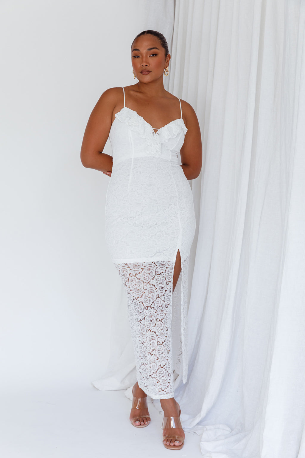 Evaleigh Frill Trim Lace Midi Dress White by Selfie Leslie