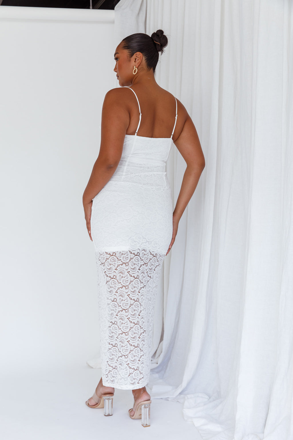 Evaleigh Frill Trim Lace Midi Dress White by Selfie Leslie
