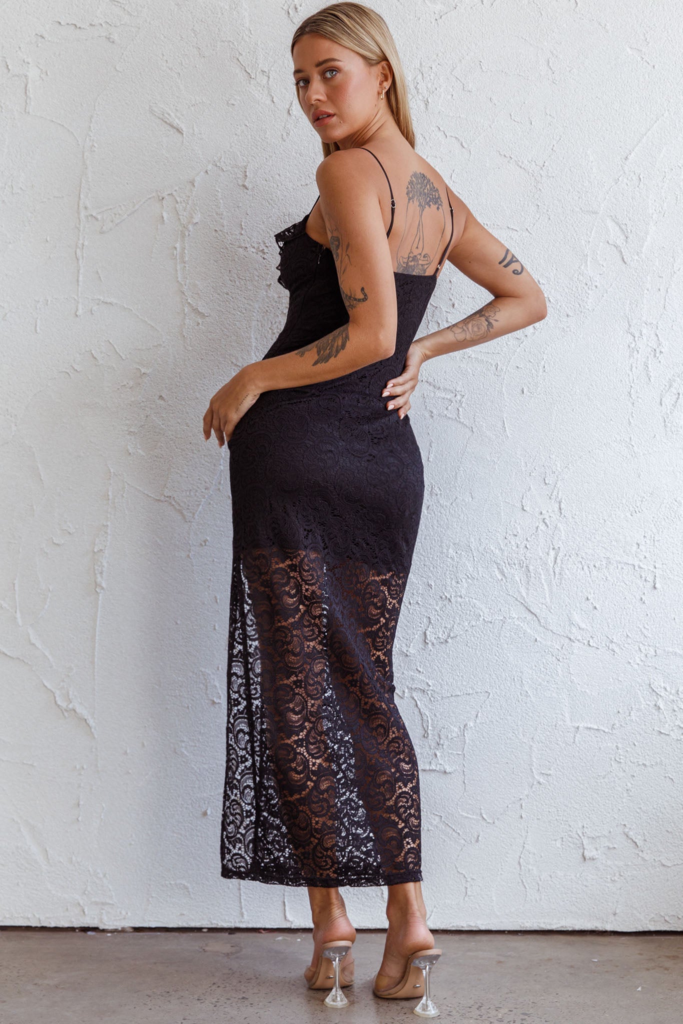 Evaleigh Frill Trim Lace Midi Dress Black by Selfie Leslie