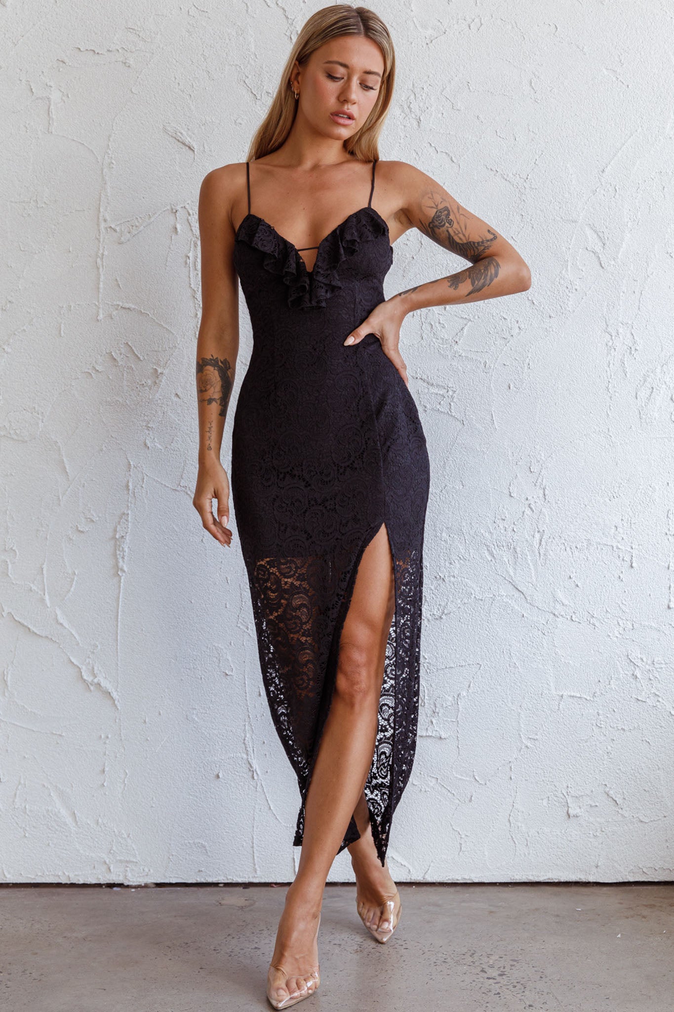 Evaleigh Frill Trim Lace Midi Dress Black by Selfie Leslie