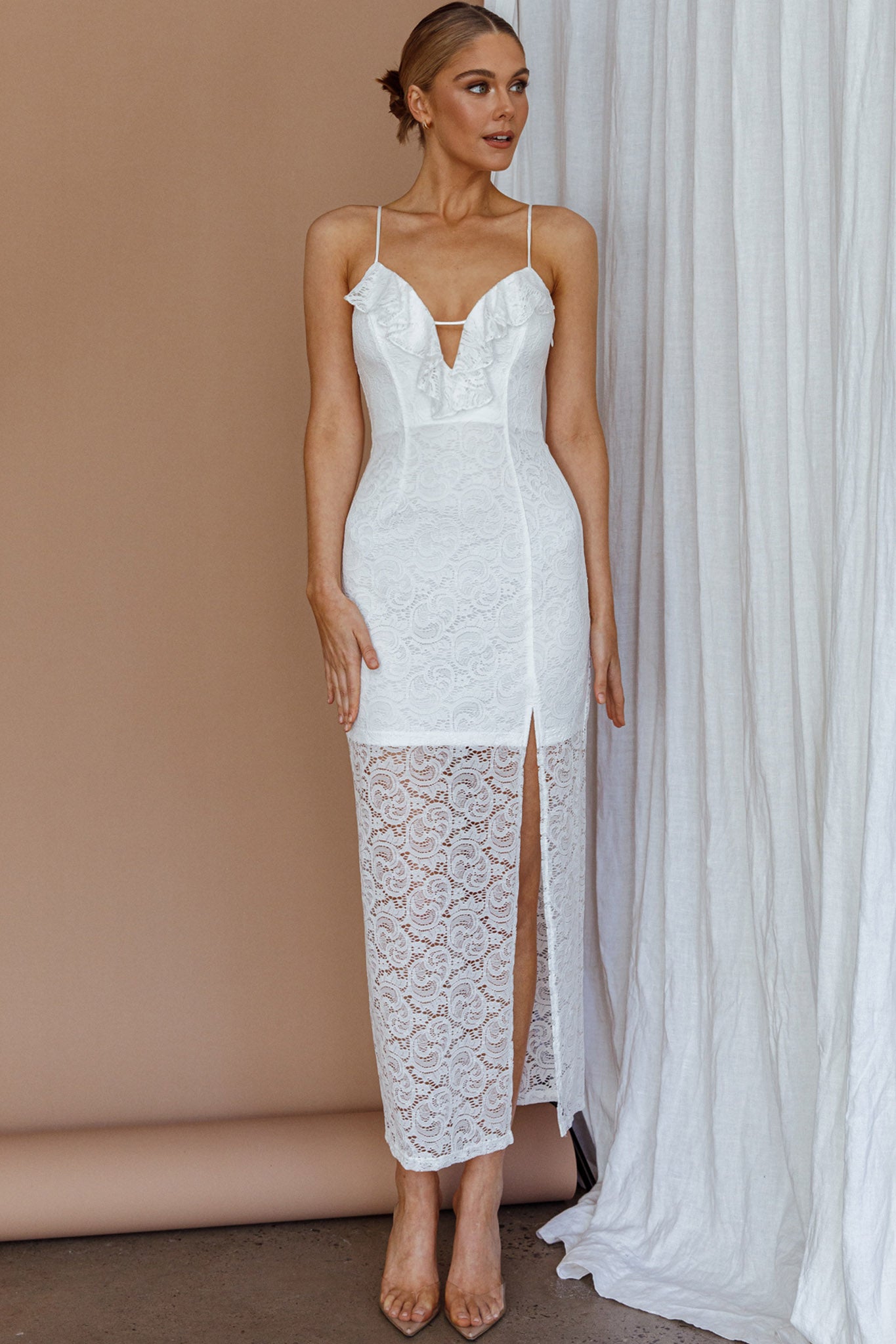 Evaleigh Frill Trim Lace Midi Dress White by Selfie Leslie