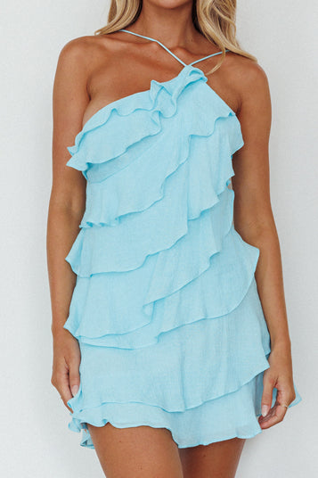 Arrabel Tiered Ruffle Asymmetric Mini Dress Black