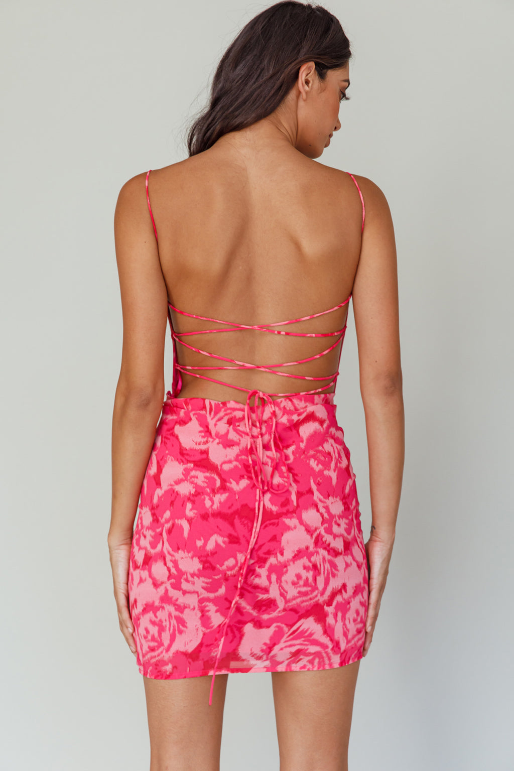 Spring Fever Lace-Up Back Mini Dress Floral Pink by Selfie Leslie