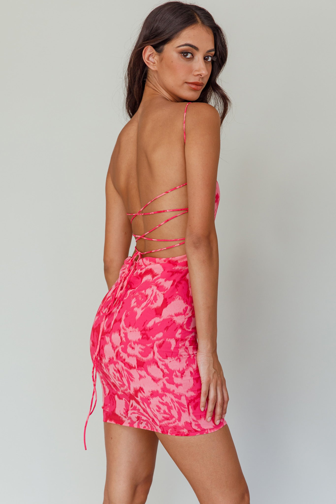 Spring Fever Lace-Up Back Mini Dress Floral Pink | Selfie Leslie