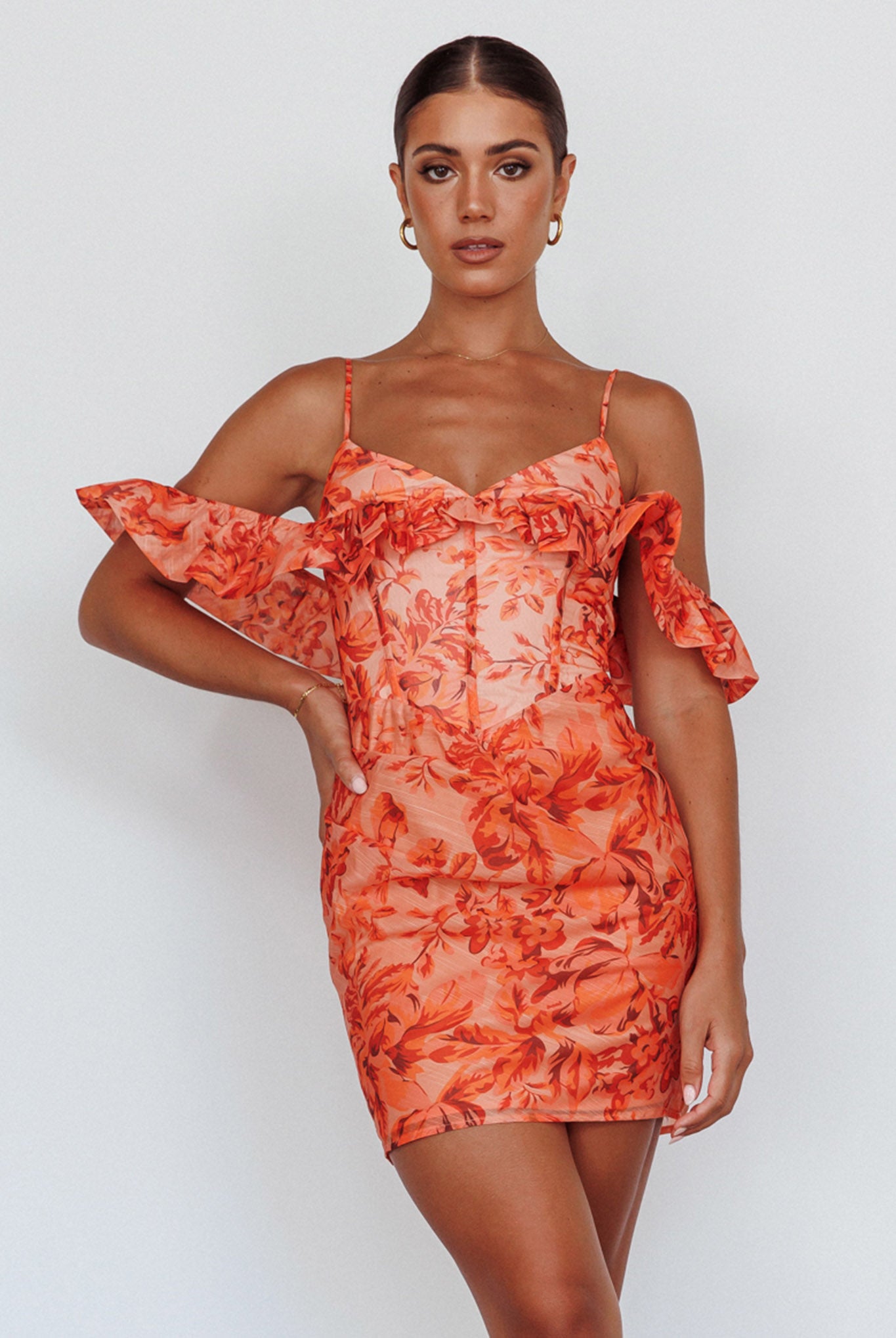 Catania Off-Shoulder Ruffle Mini Dress Floral Orange by Selfie Leslie