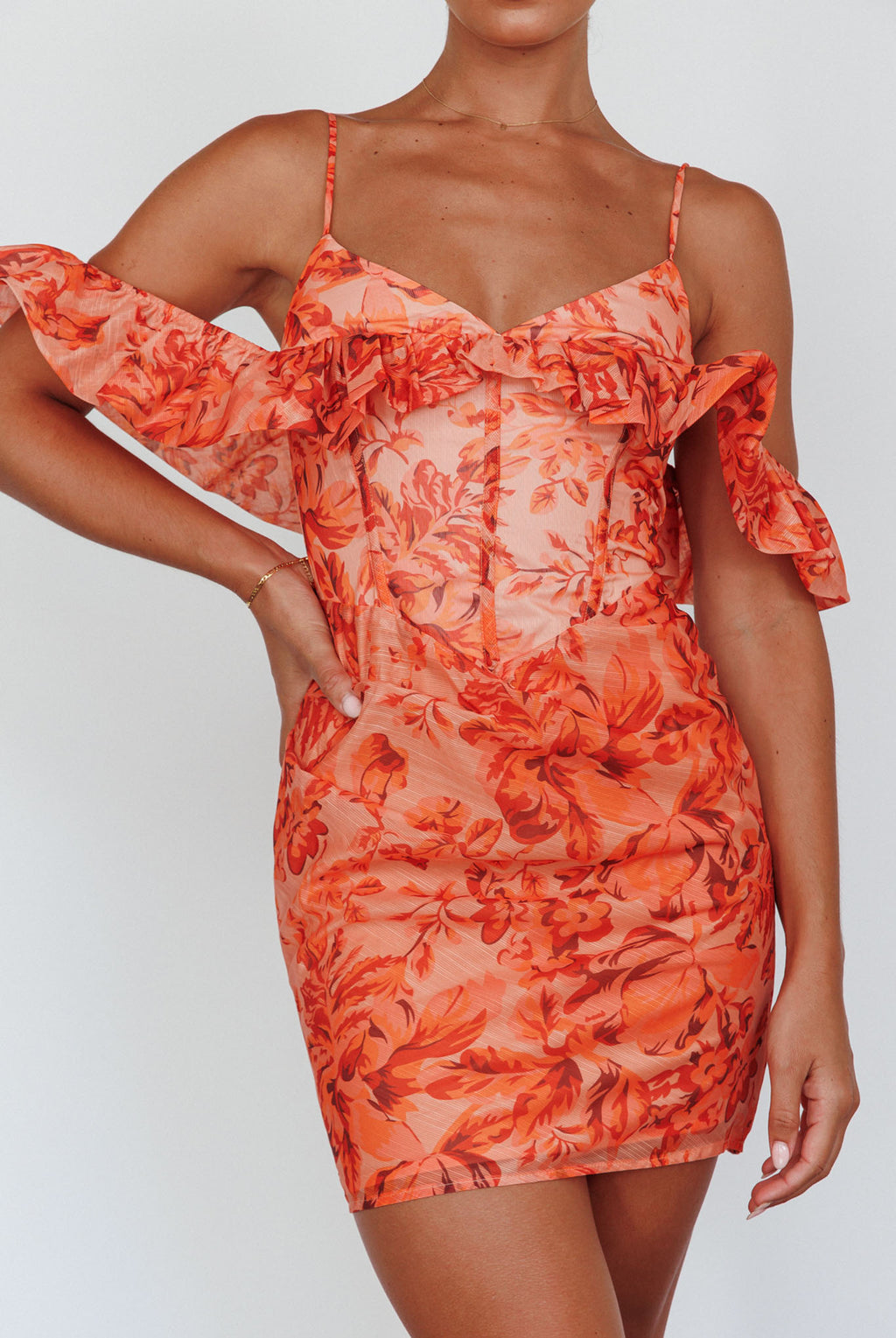 Catania Off-Shoulder Ruffle Mini Dress Floral Orange by Selfie Leslie