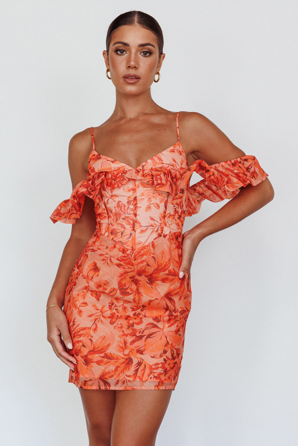 Catania Off-Shoulder Ruffle Mini Dress Floral Orange by Selfie Leslie