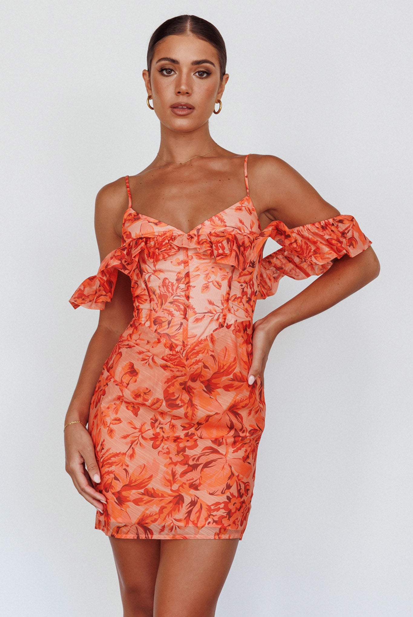 Catania Off-Shoulder Ruffle Mini Dress Floral Orange by Selfie Leslie