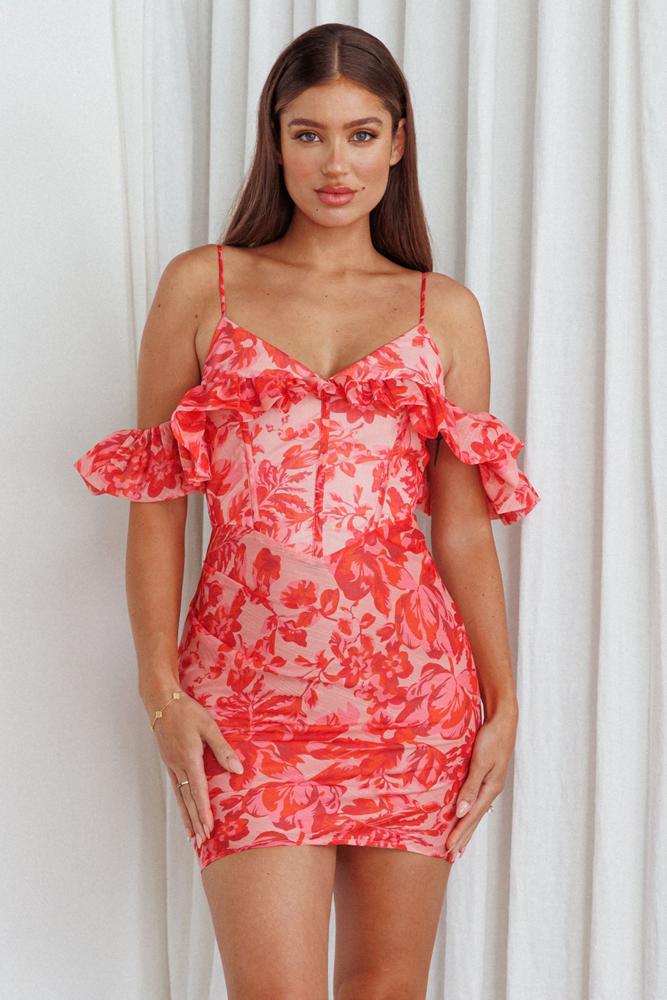 Catania Off-Shoulder Ruffle Mini Dress Floral Pink by Selfie Leslie