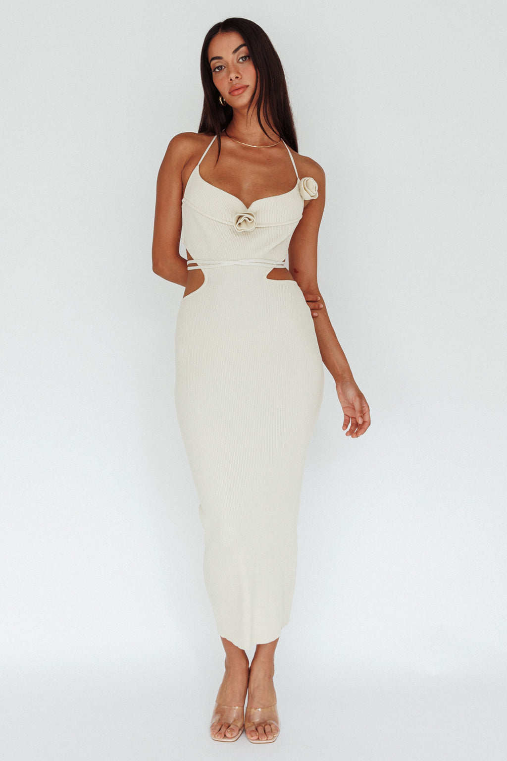 Rue Rose Accent Ribbed Knit Midi Dress Beige by Selfie Leslie