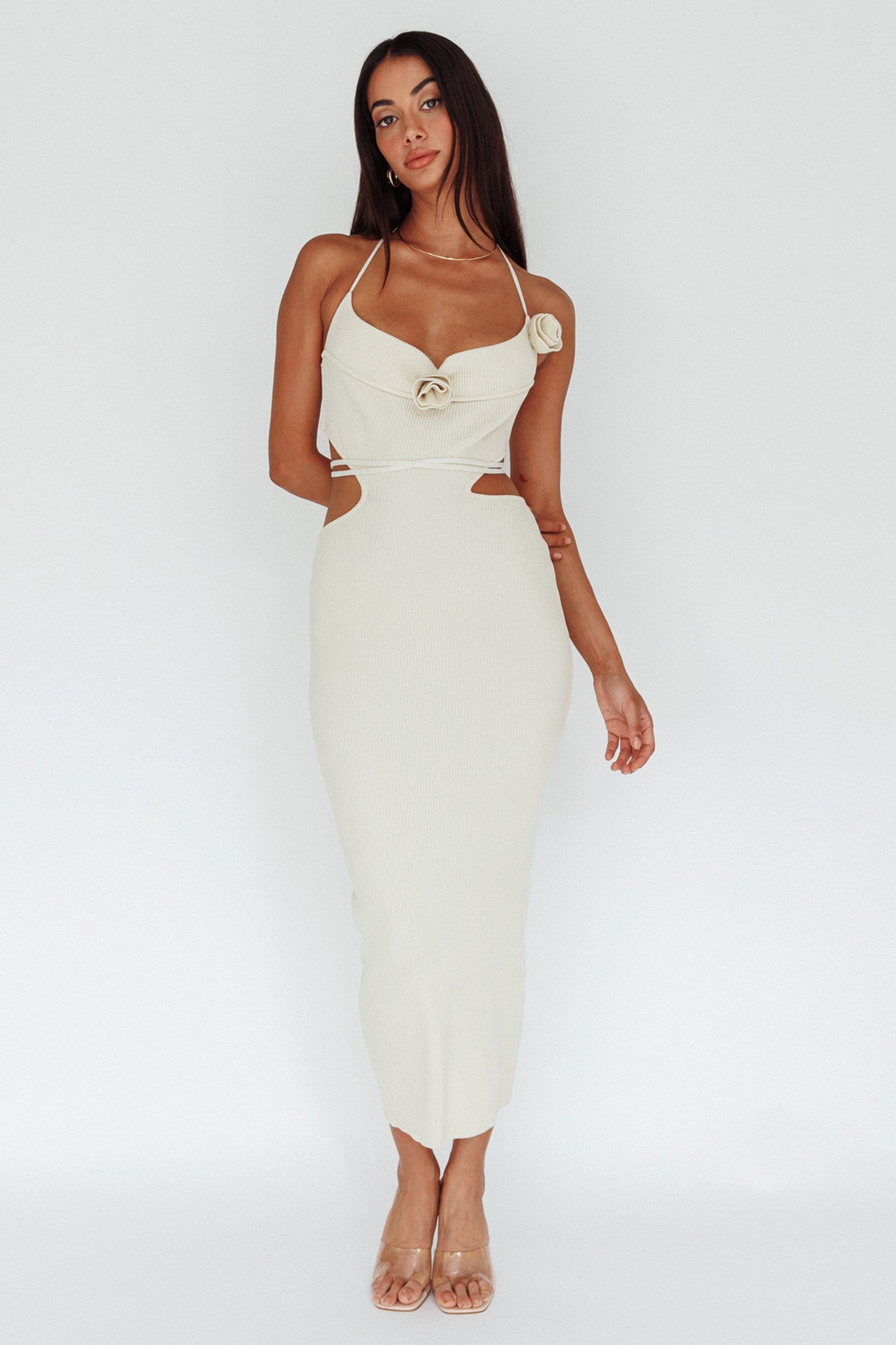 Rue Rose Accent Ribbed Knit Midi Dress Beige by Selfie Leslie