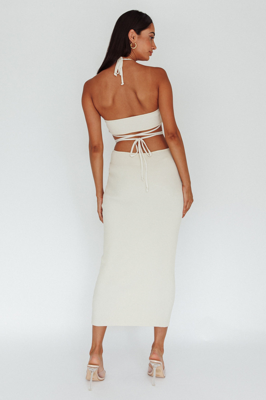 Rue Rose Accent Ribbed Knit Midi Dress Beige by Selfie Leslie