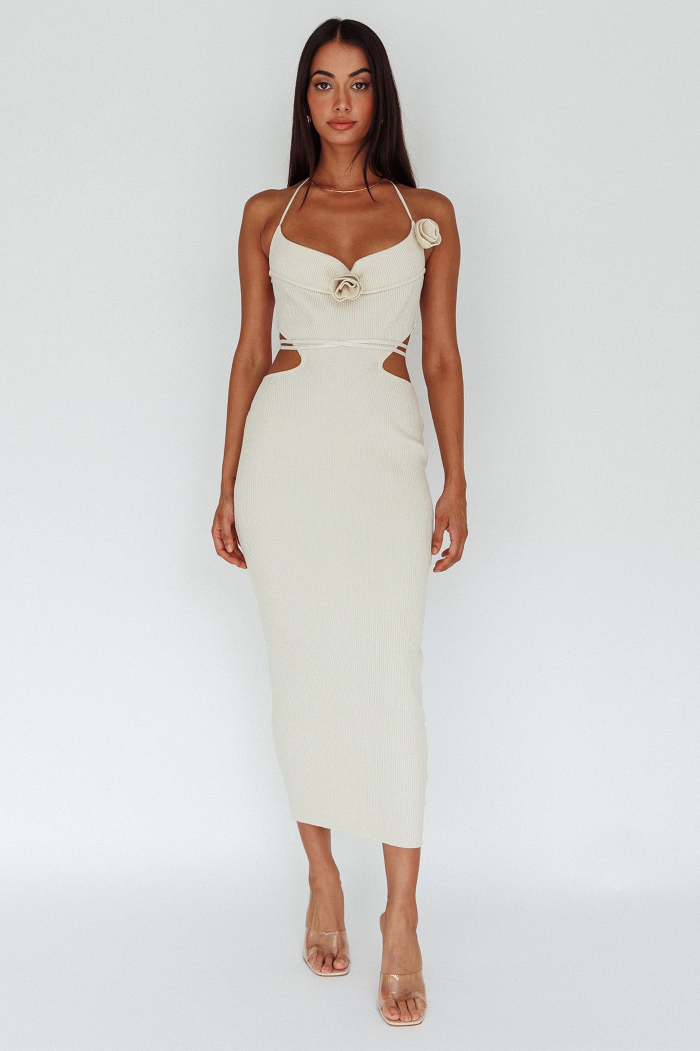 Rue Rose Accent Ribbed Knit Midi Dress Beige by Selfie Leslie