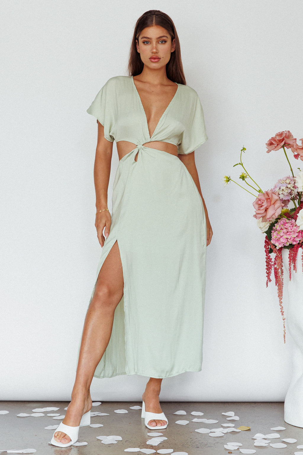 Getaway Cut-Out Waist Midi Dress Pistachio by Selfie Leslie