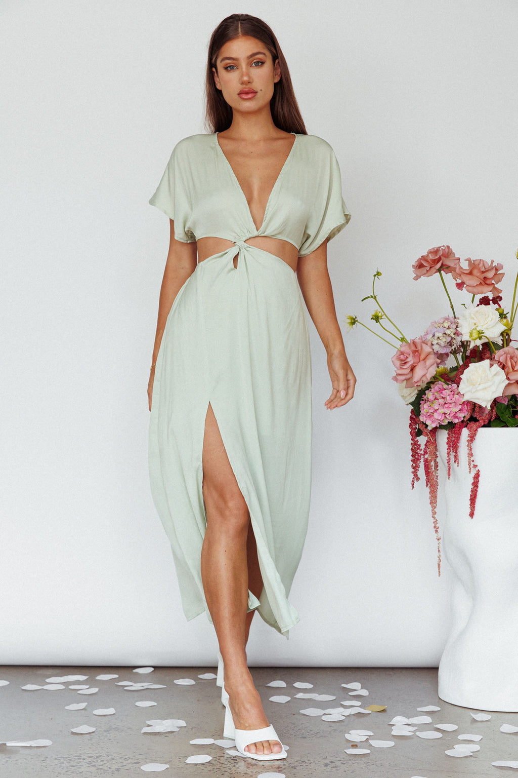 Getaway Cut-Out Waist Midi Dress Pistachio by Selfie Leslie