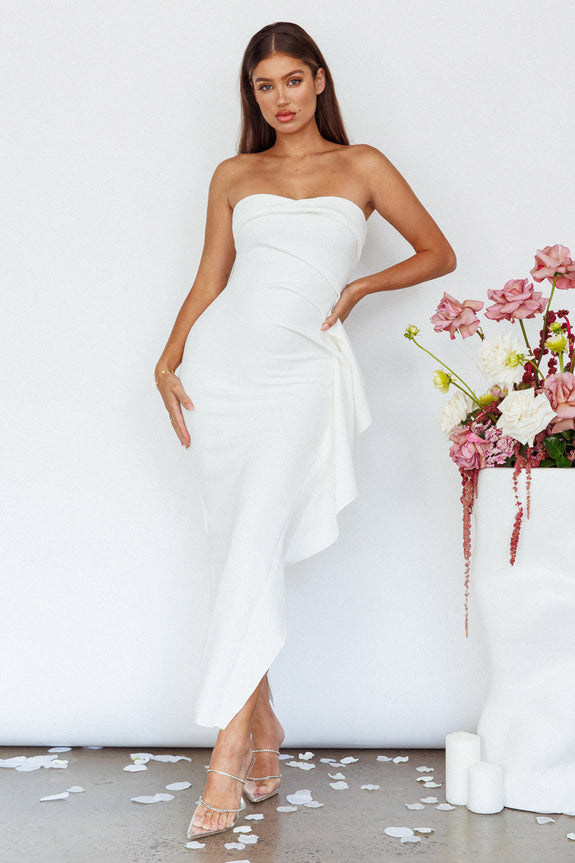 Sasha Cascade Ruffle Rosette Midi Dress White