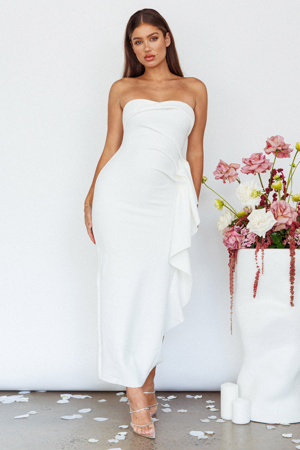 Sasha Cascade Ruffle Midi Dress White by Selfie Leslie