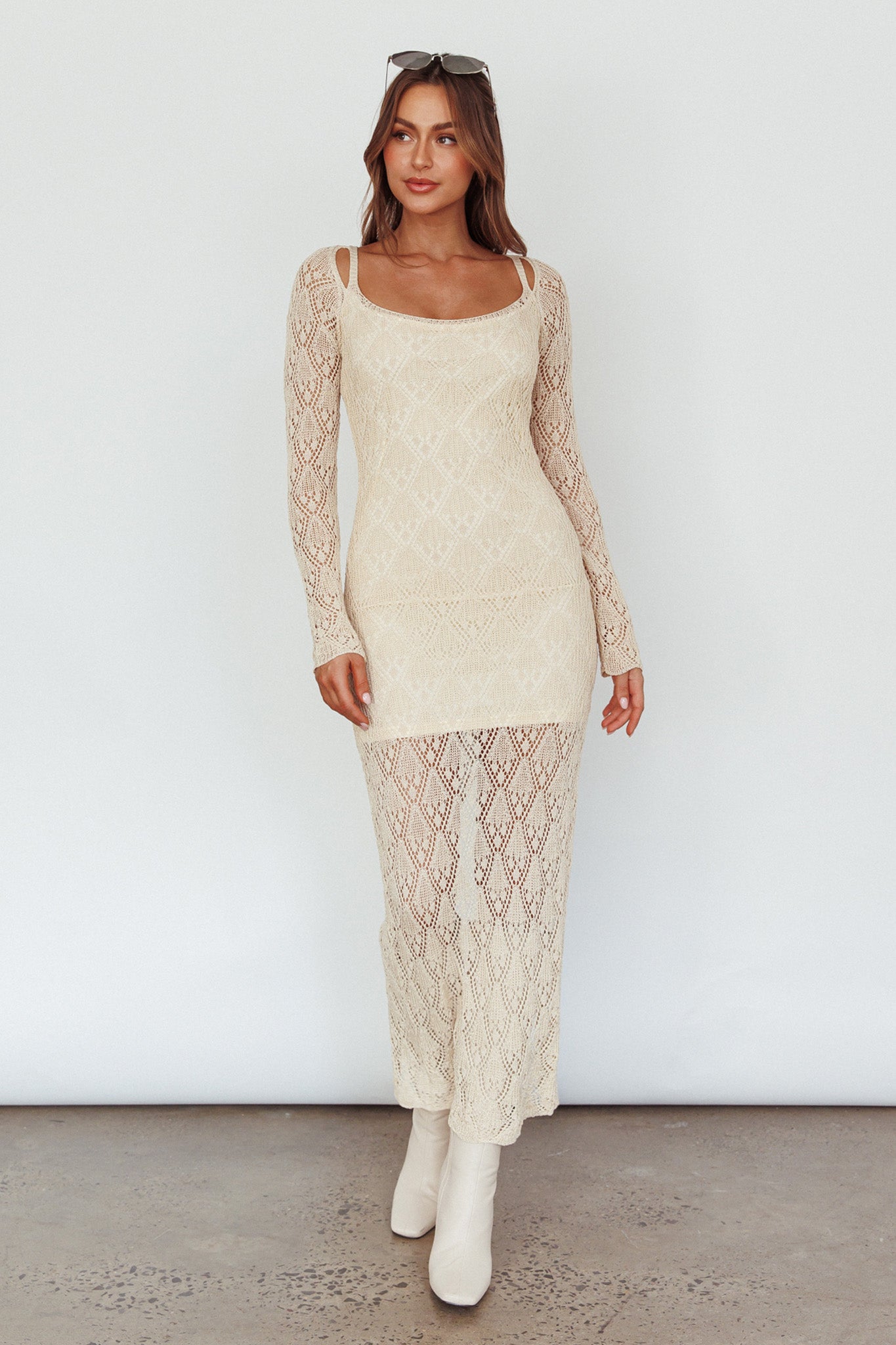 Happy Place Long Sleeve Crochet Midi Dress Beige by Selfie Leslie
