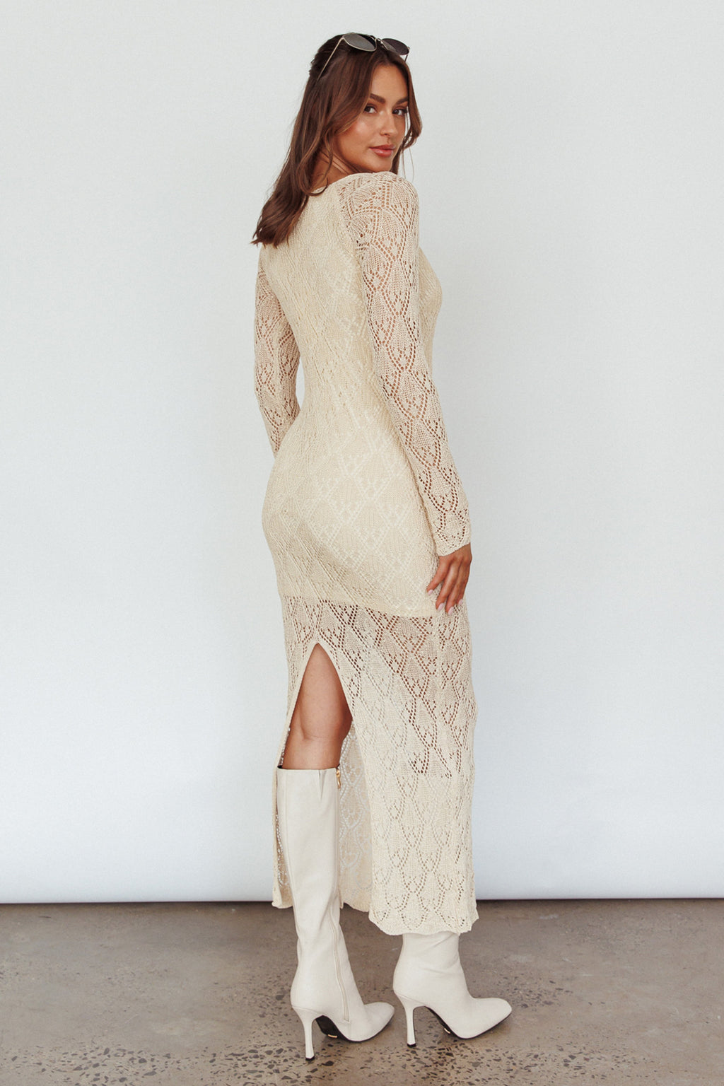 Happy Place Long Sleeve Crochet Midi Dress Beige by Selfie Leslie
