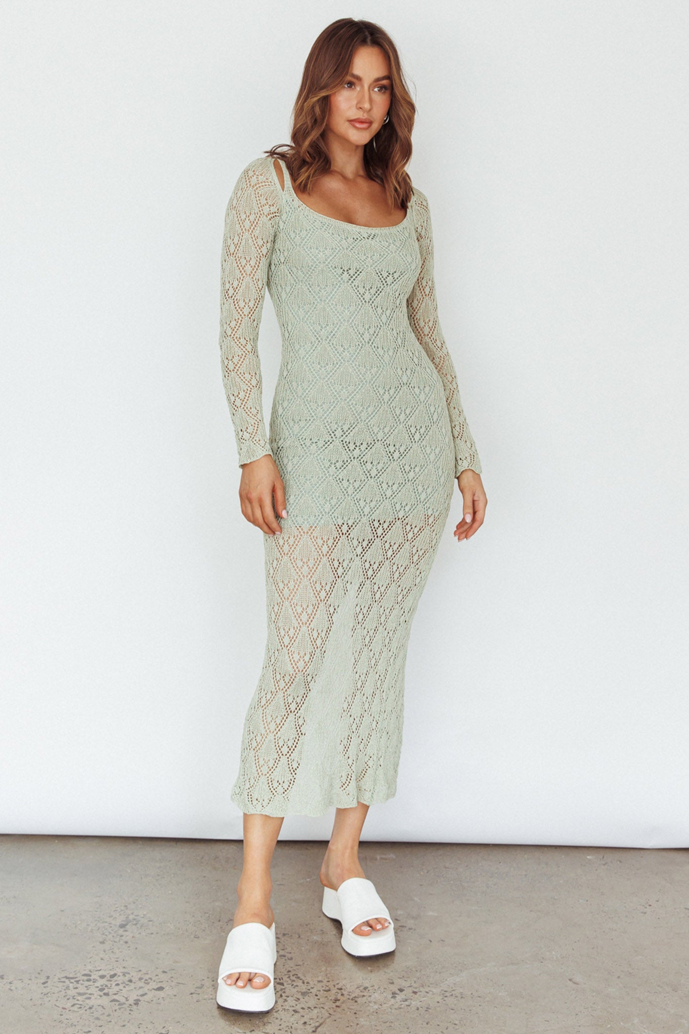 Happy Place Long Sleeve Crochet Midi Dress Sage - M
