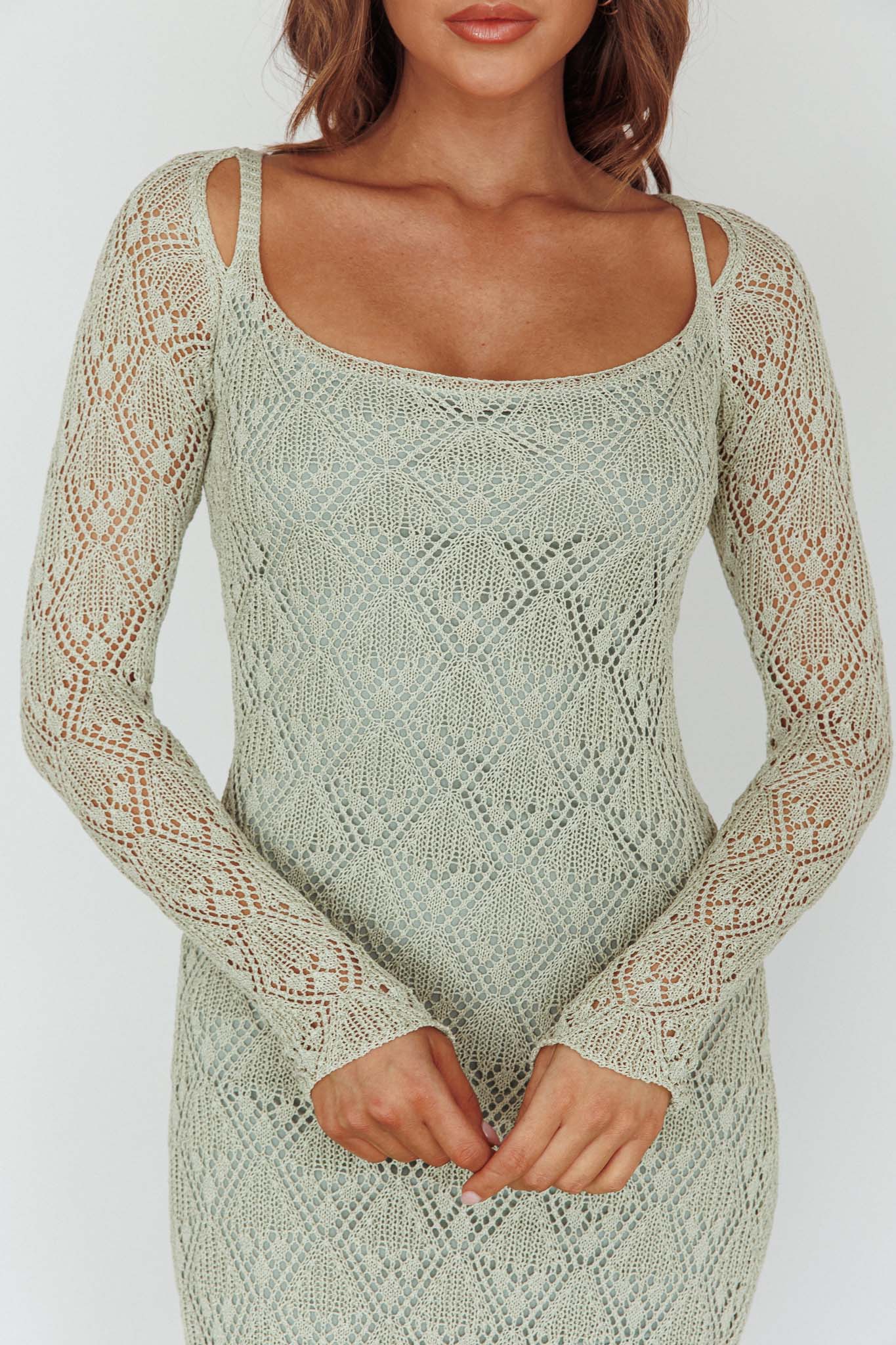 Happy Place Long Sleeve Crochet Midi Dress Sage by Selfie Leslie