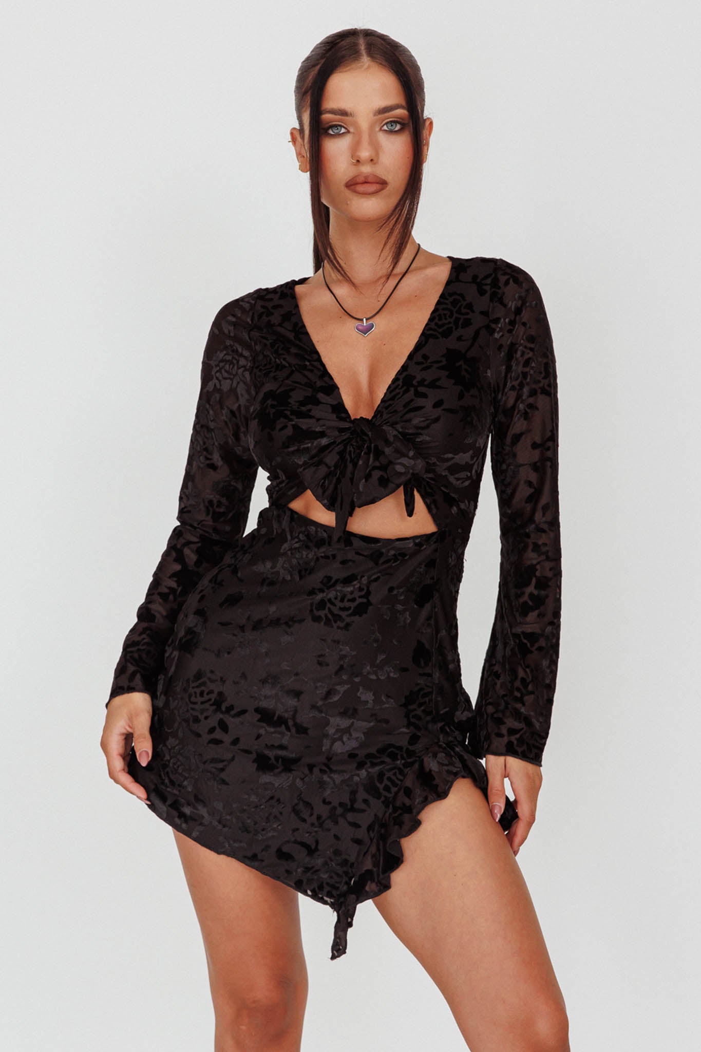 Adri Bust Tie Mini Dress Velvet Floral Black by Selfie Leslie