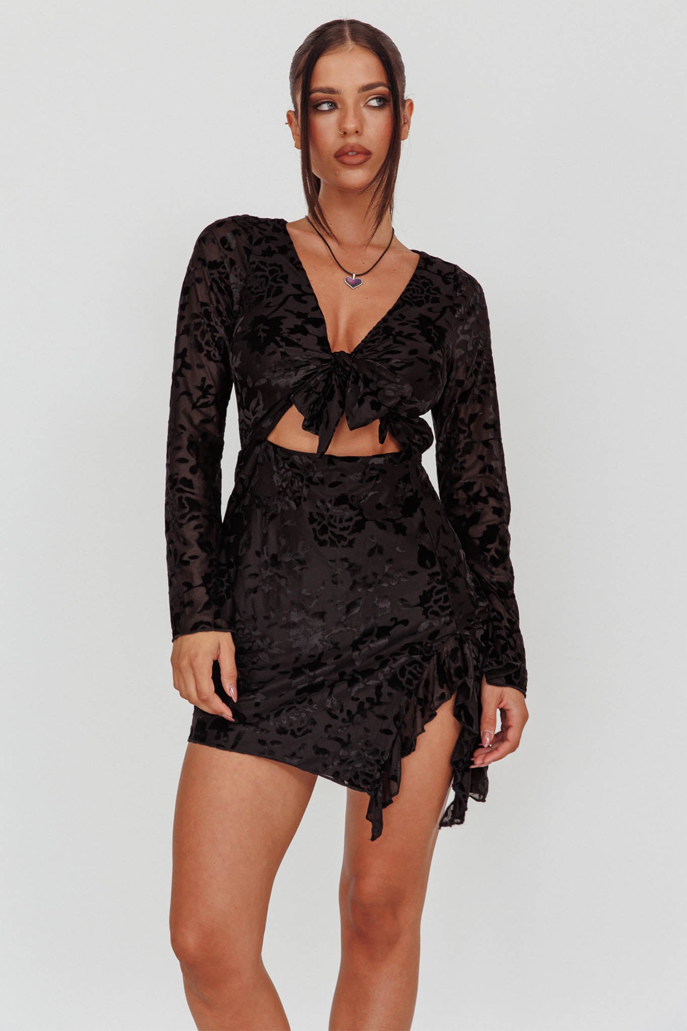 Adri Bust Tie Mini Dress Velvet Floral Black by Selfie Leslie