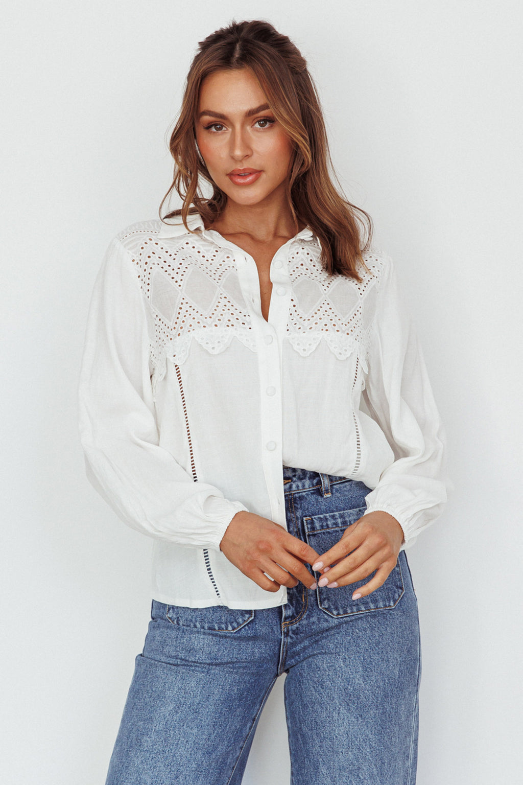 Villa Oasis Long Sleeve Button Shirt White by Selfie Leslie