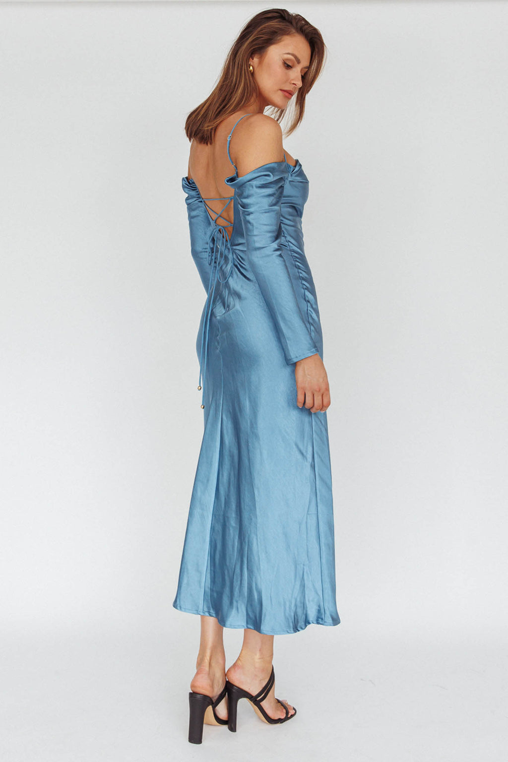 Ellory Long Sleeve Off-Shoulder Dress Blue by Selfie Leslie