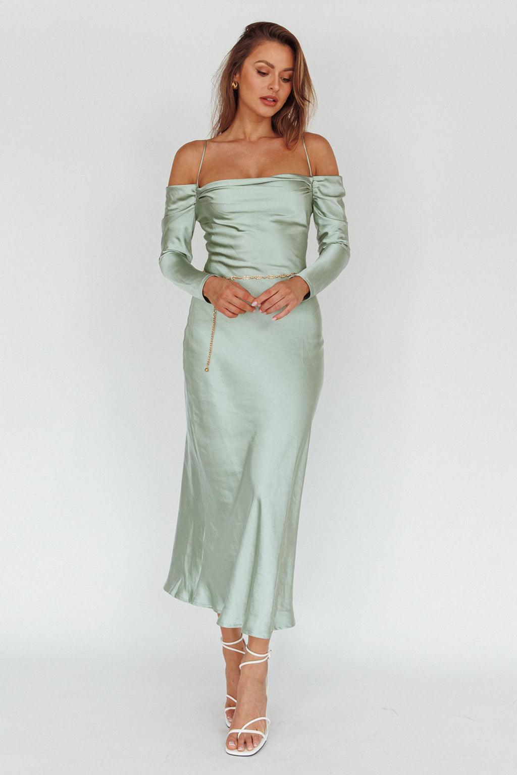 Ellory Long Sleeve Off-Shoulder Dress Sage by Selfie Leslie