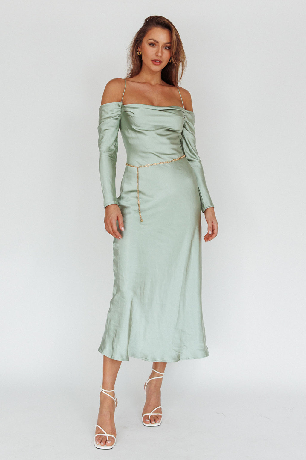Ellory Long Sleeve Off-Shoulder Dress Sage by Selfie Leslie