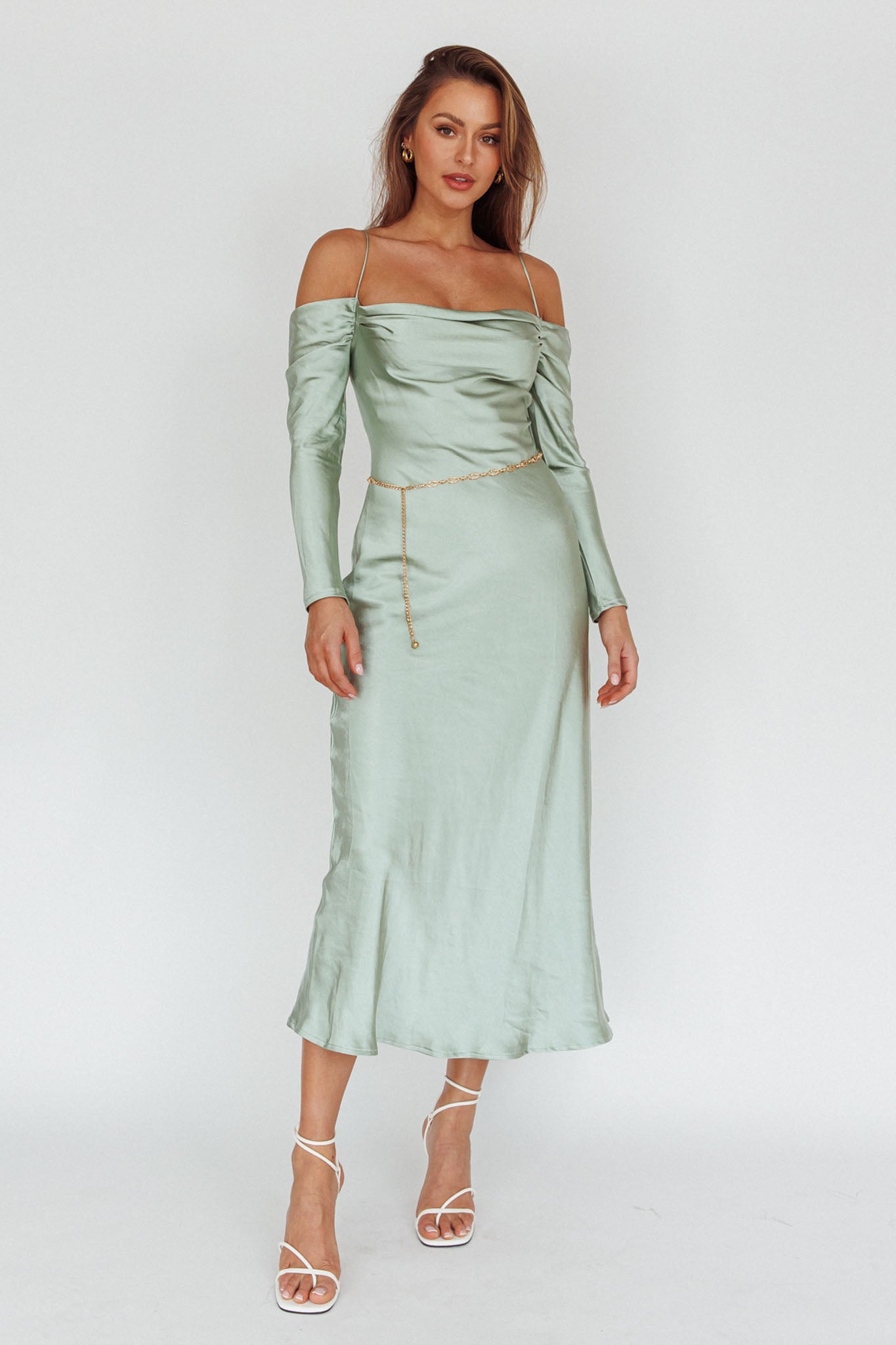 Ellory Long Sleeve Off-Shoulder Dress Sage by Selfie Leslie