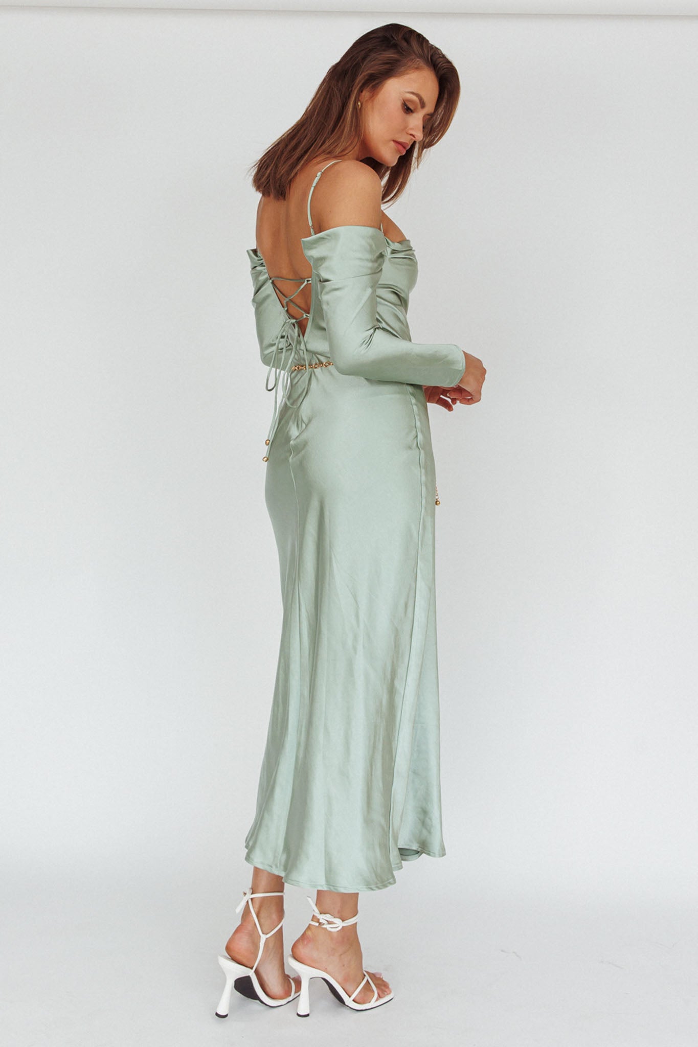 Ellory Long Sleeve Off-Shoulder Dress Sage by Selfie Leslie