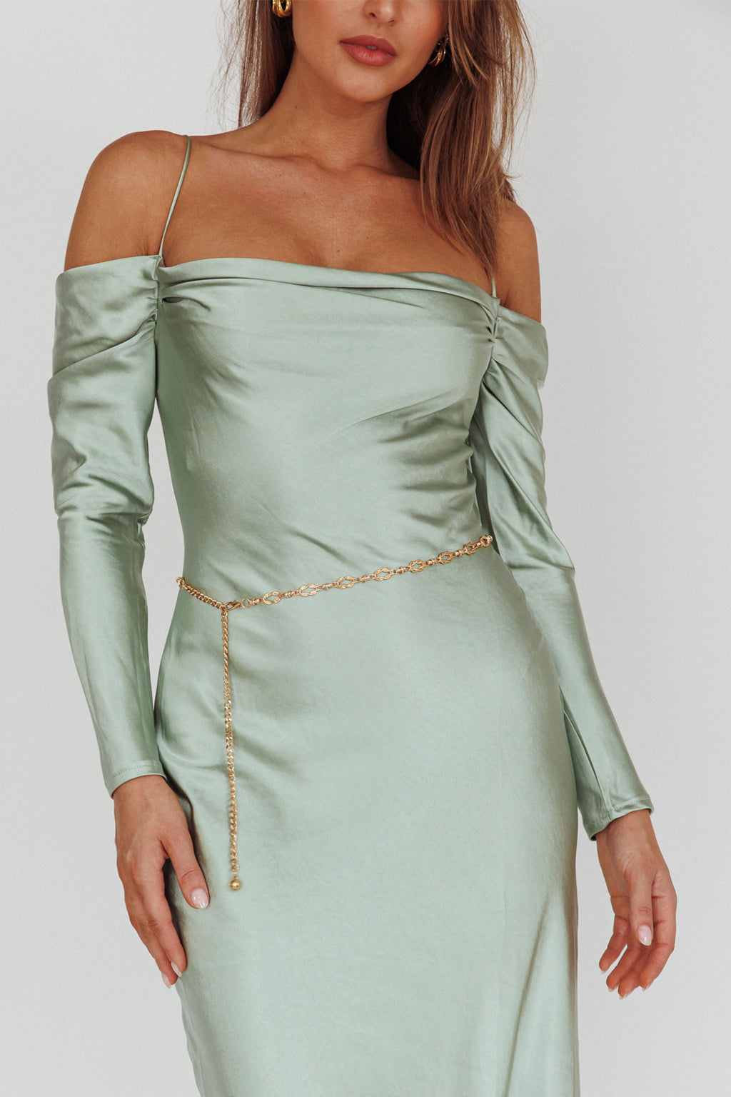 Ellory Long Sleeve Off-Shoulder Dress Sage by Selfie Leslie