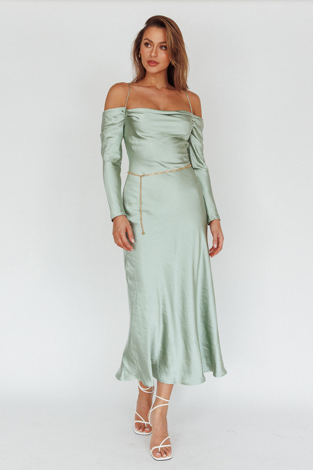 Ellory Long Sleeve Off-Shoulder Dress Sage by Selfie Leslie
