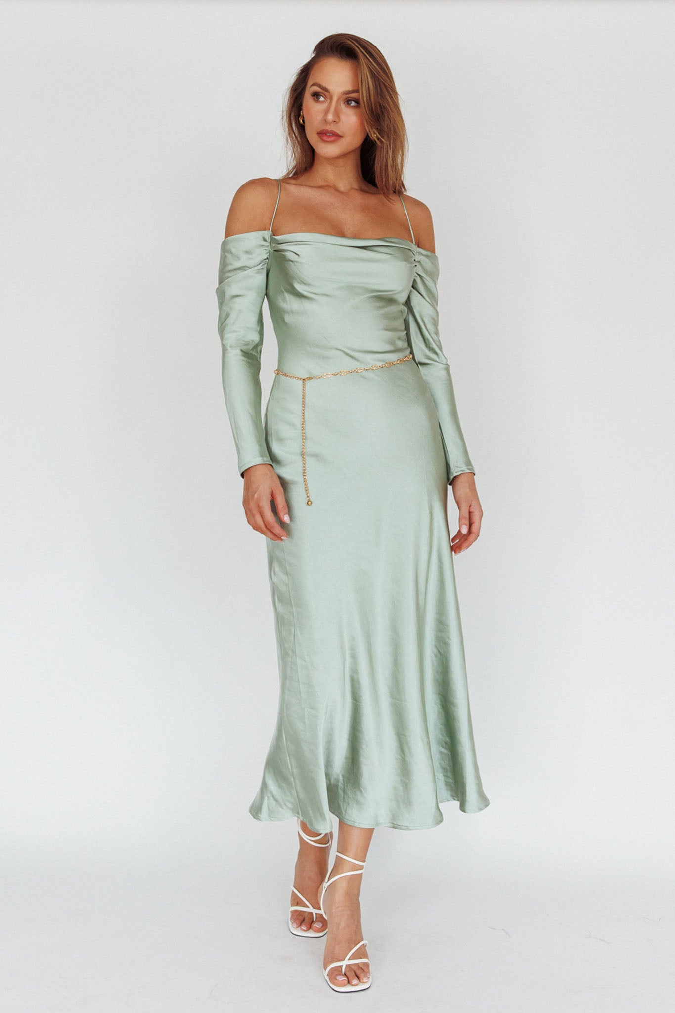 Ellory Long Sleeve Off-Shoulder Dress Sage by Selfie Leslie