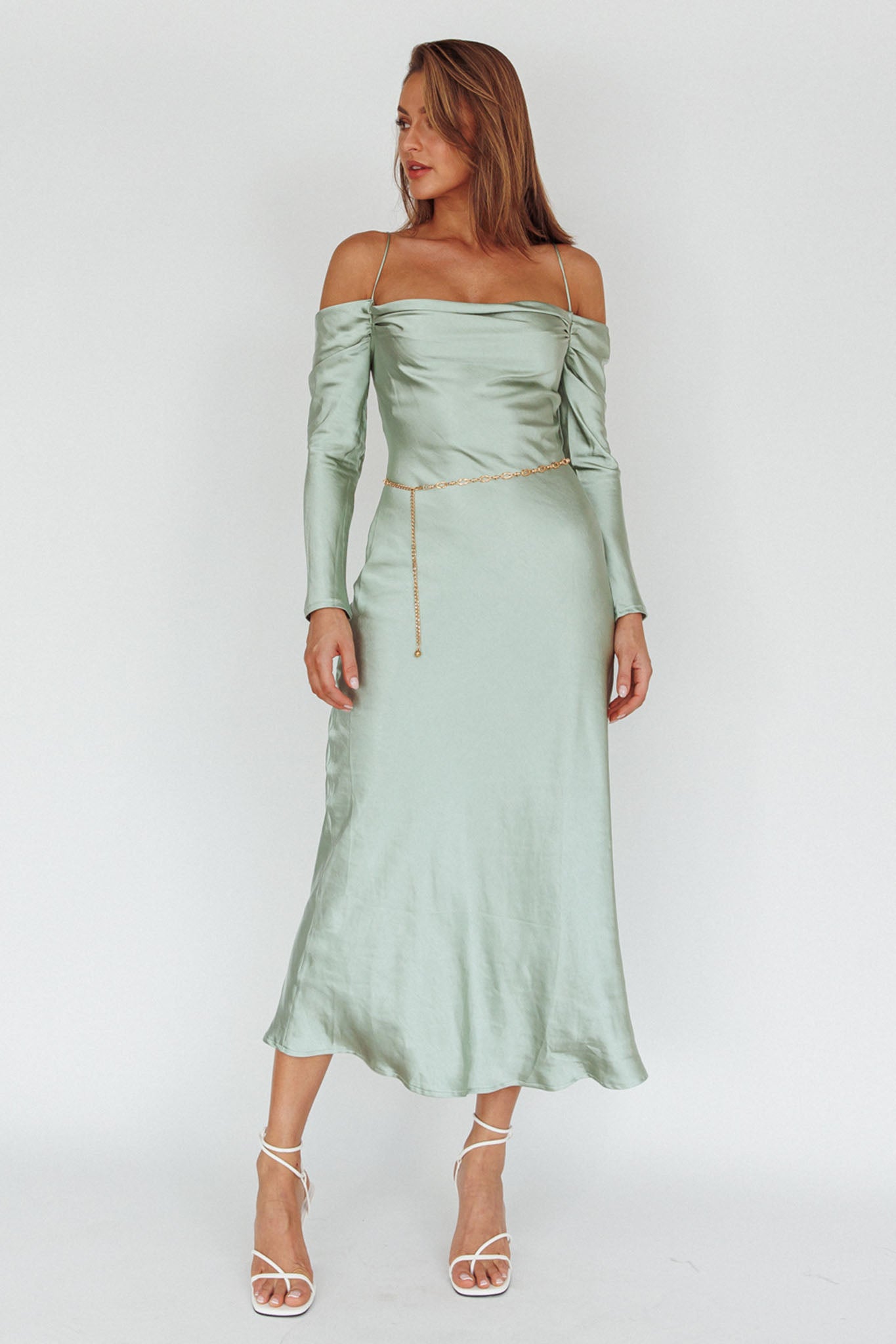 Ellory Long Sleeve Off-Shoulder Dress Sage by Selfie Leslie