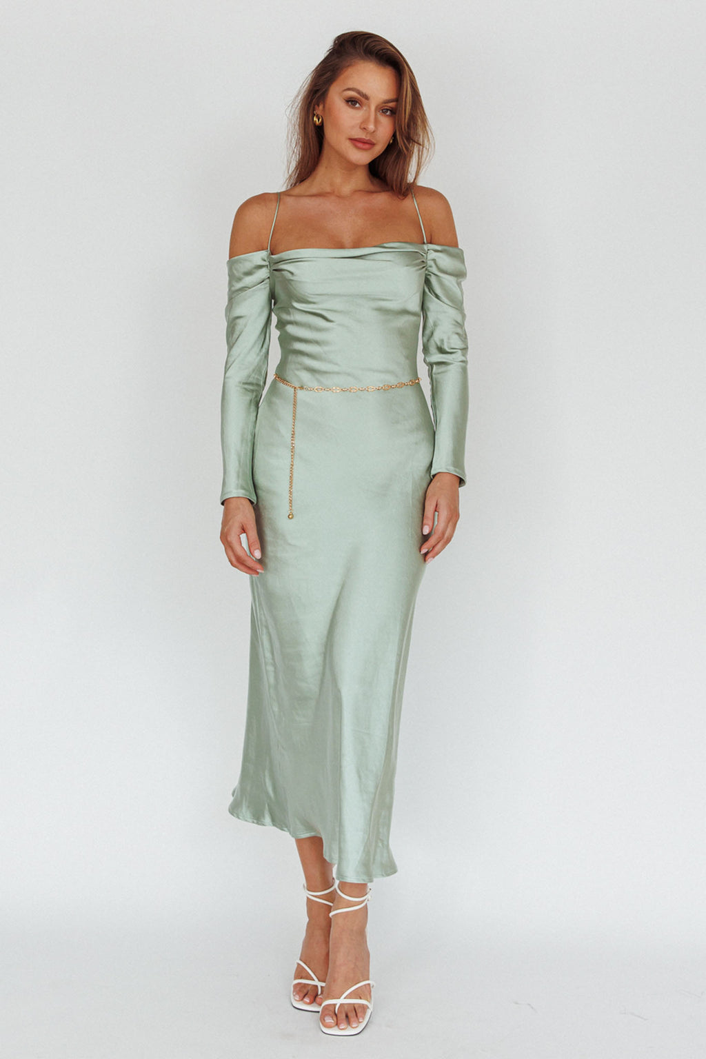 Ellory Long Sleeve Off-Shoulder Dress Sage by Selfie Leslie