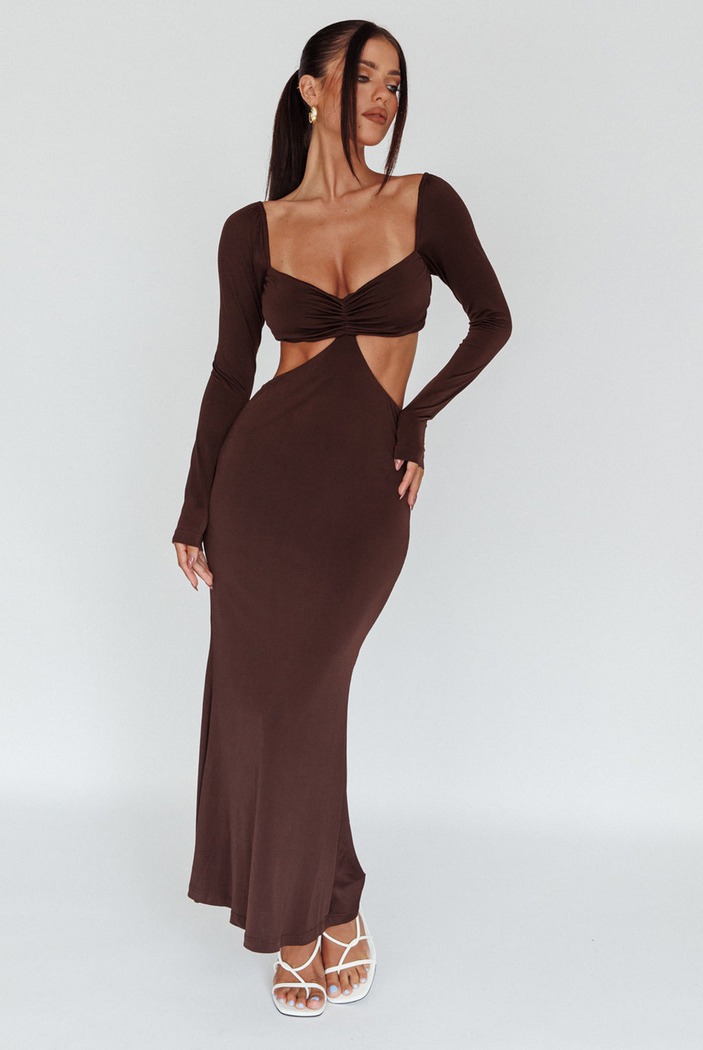 Vienna Long Sleeve Cut-Out Waist Maxi Dress Chocolate by Selfie Leslie