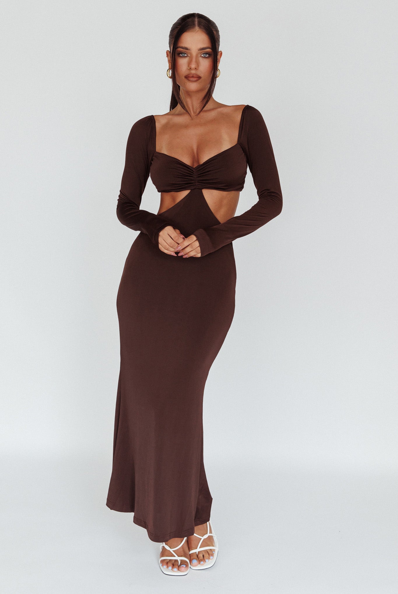 Vienna Long Sleeve Cut-Out Waist Maxi Dress Chocolate by Selfie Leslie