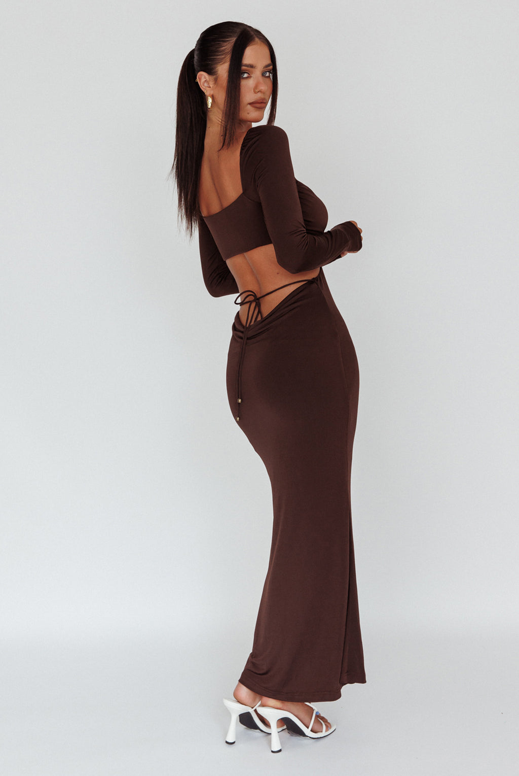Vienna Long Sleeve Cut-Out Waist Maxi Dress Chocolate by Selfie Leslie