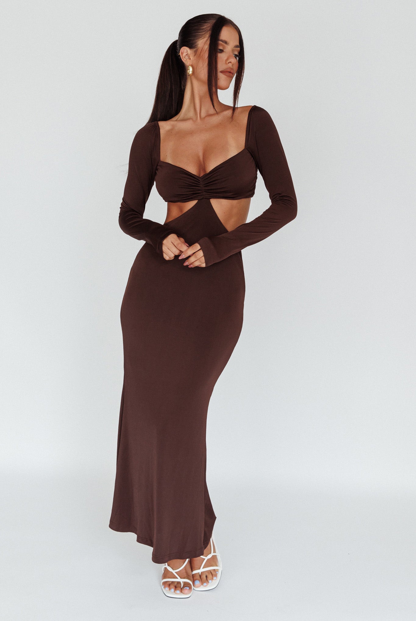 Vienna Long Sleeve Cut-Out Waist Maxi Dress Chocolate by Selfie Leslie