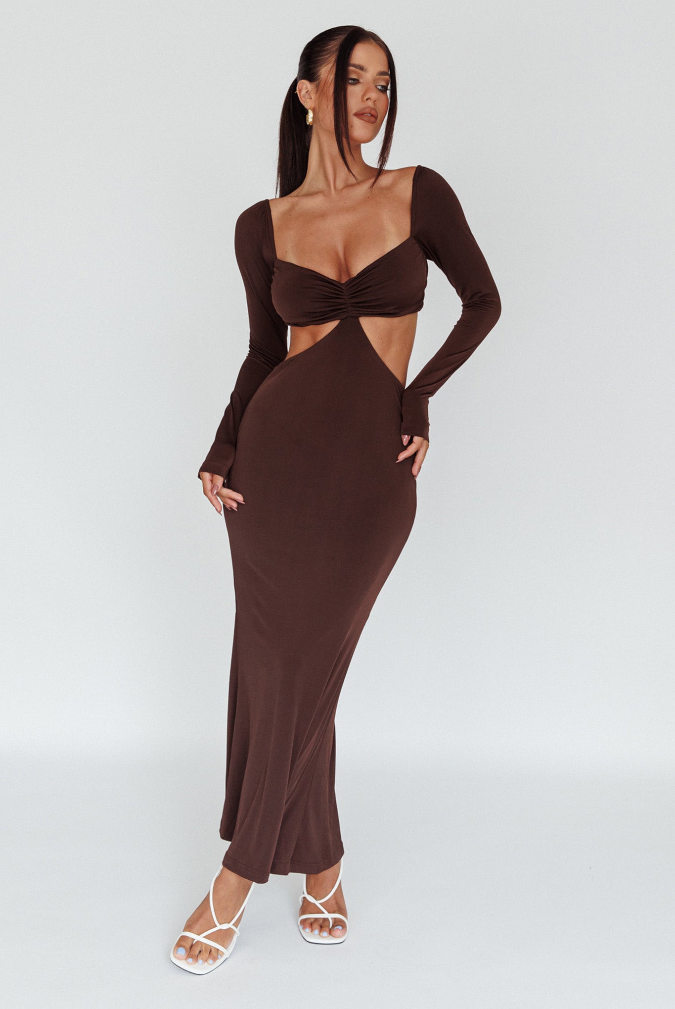 Vienna Long Sleeve Cut-Out Waist Maxi Dress Chocolate by Selfie Leslie