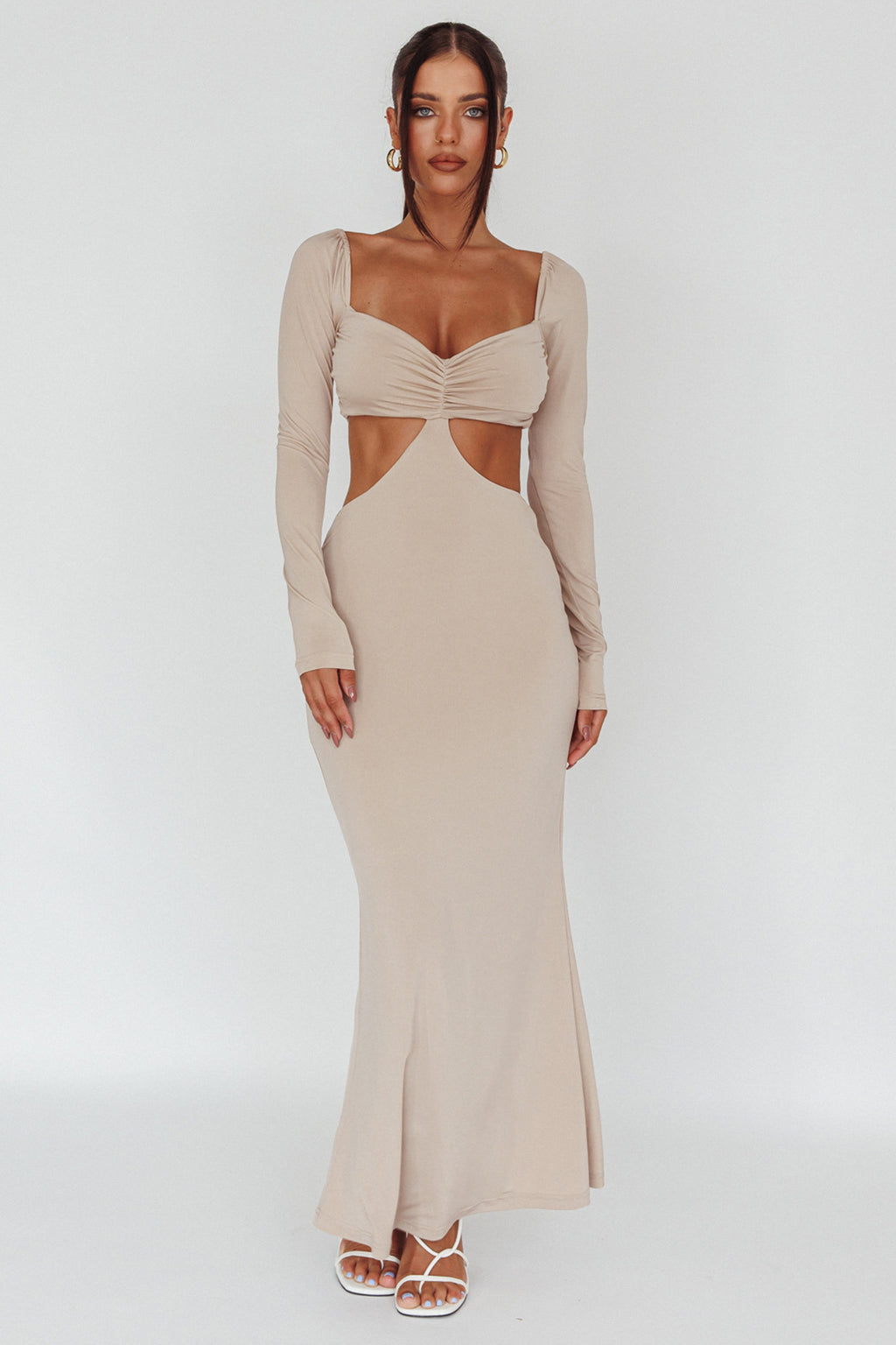 Vienna Long Sleeve Cut-Out Waist Maxi Dress Oat by Selfie Leslie