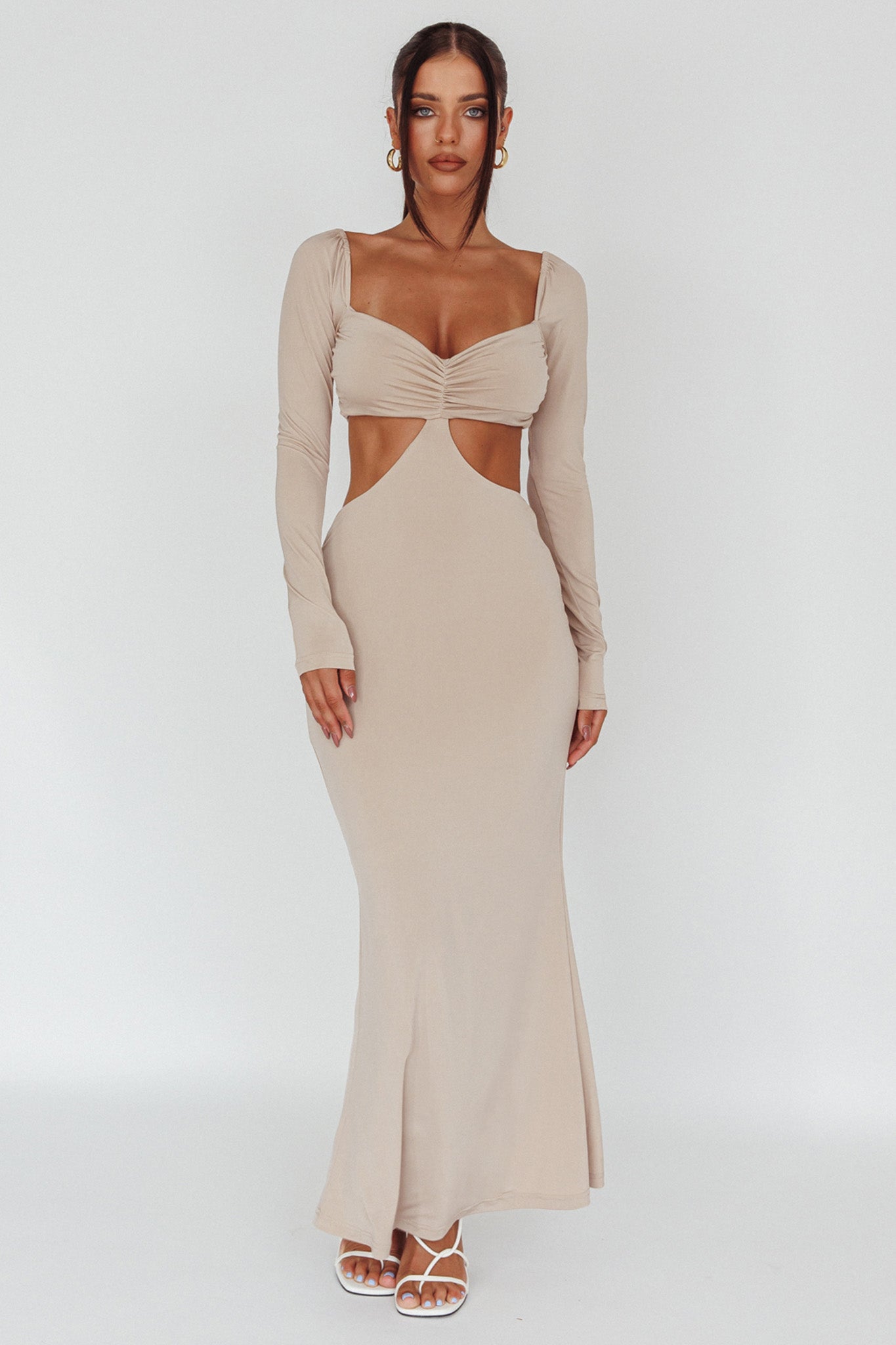 Vienna Long Sleeve Cut-Out Waist Maxi Dress Oat by Selfie Leslie