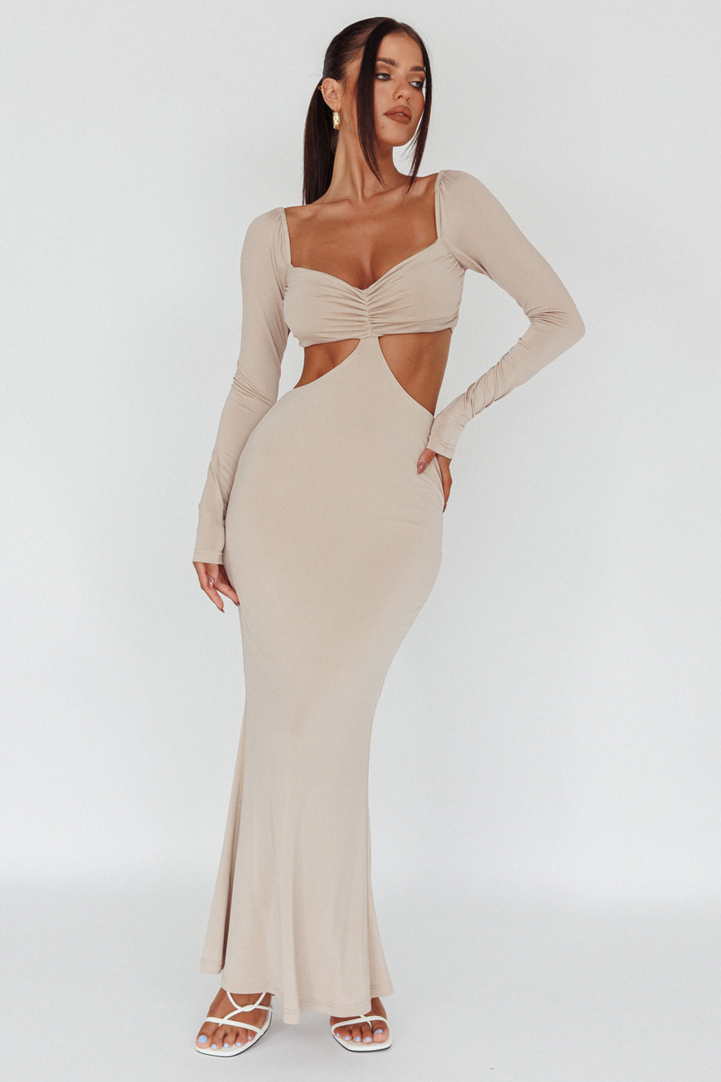 Vienna Long Sleeve Cut-Out Waist Maxi Dress Oat by Selfie Leslie